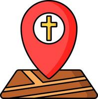 Map pointer with christian cross icon in flat style. vector