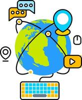 Illustration of keyboard connected earth planet with social media app like as location search, message, video play icon for Global networking or connection. vector