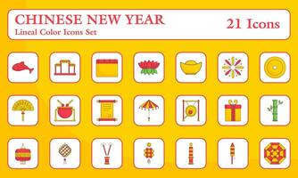 Set Of Chinese New Year Celebration Icons Over Yellow Background In Flat Style. vector