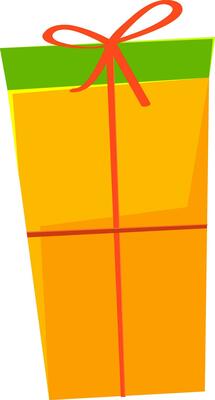 Yellow gift box with red ribbon in flat style.