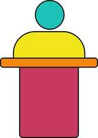 Character of yellow man standing behind rostrum. vector