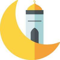 Yellow Crescent Moon with Mosque icon in flat style. vector