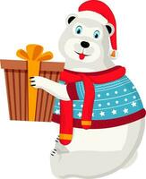 Illustration of polar bear character holding gift box. vector