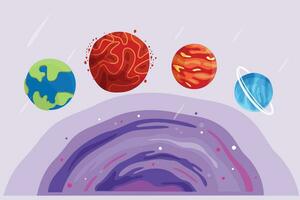 Planets, stars, asteroids, and comets in outer space. Galaxy concept. Colored flat vector illustration isolated.