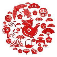 The Year Of The Dragon Icon And Other Japanese Vintage Lucky Charms Celebrating The New Year. vector