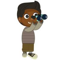 Happy cute curious liitle kid boy are looking through binoculars. Vector flat cartoon illustration