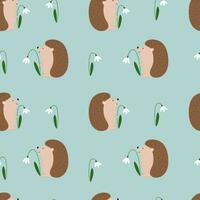 Seamless pattern with cute hedgehog and flowers snowdrop vector