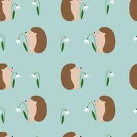 Seamless pattern with cute hedgehog and flowers snowdrop vector