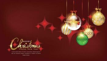 Red background with sparkling Christmas ornaments for Christmas poster, greeting card, background vector