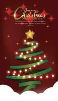 Christmas poster, greeting card, backdrop, with sparkling ribbon Christmas tree on red background vector