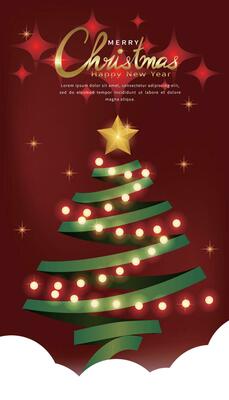 Christmas poster, greeting card, backdrop, with sparkling ribbon Christmas tree on red background