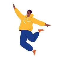 Happy man character jumping from joy in modern clothes. Flat vector illustration.