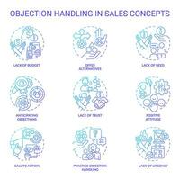 Objection handling in sales blue gradient concept icons. Negotiation strategy. Closing deal. Selling process. Sales technique. Icon pack. Vector images. Round shape illustrations. Abstract idea