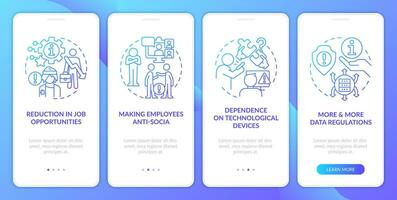 ICT in business disadvantages blue gradient onboarding mobile app screen. Walkthrough 4 steps graphic instructions with linear concepts. UI, UX, GUI template vector