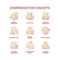 2D gradient icons set representing overproduction concepts, isolated vector, thin line illustration. vector