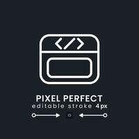 Webpage coding white linear desktop icon on black. Web page programming. Software development. Pixel perfect, outline 4px. Isolated user interface symbol for dark theme. Editable stroke vector