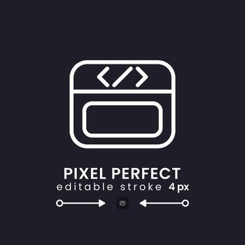página web codificación blanco lineal escritorio icono en negro. web página programación. software desarrollo. píxel perfecto, contorno 4 píxeles. aislado usuario interfaz símbolo para oscuro tema. editable carrera vector