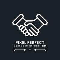 Handshake white linear desktop icon on black. Business deal. Partnership agreement. Businessmen meeting. Pixel perfect, outline 4px. Isolated user interface symbol for dark theme. Editable stroke vector