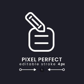 Note with pencil white linear desktop icon on black. Edit information. Working tool. Online notepad. Pixel perfect, outline 4px. Isolated user interface symbol for dark theme. Editable stroke vector