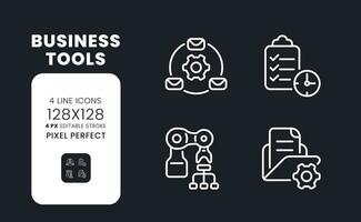 Business tools white linear desktop icons on black. Enterprise development. Process automation. Pixel perfect 128x128, outline 4px. Isolated interface symbols pack for dark mode. Editable stroke vector