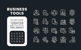 Business tools white linear desktop icons on black. Project management. Enterprise applications. Pixel perfect 128x128, outline 4px. Isolated interface symbols pack for dark mode. Editable stroke vector