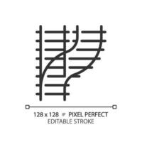 Railroad switch pixel perfect linear icon. Rail turnout. Railway junction. Train crossroad. Traffic control. Thin line illustration. Contour symbol. Vector outline drawing. Editable stroke