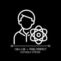 STEM teacher pixel perfect white linear icon for dark theme. Education specialist job. Tutor for students using technology. Thin line illustration. Isolated symbol for night mode. Editable stroke vector