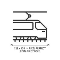 Tram pixel perfect linear icon. Tramway train. Urban transport. Light rail vehicle. Modern streetcar. Thin line illustration. Contour symbol. Vector outline drawing. Editable stroke