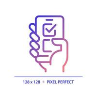 2d píxel Perfecto degradado icono de mano votación mediante teléfono inteligente, aislado vector representando en línea votación.