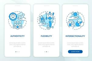 Inclusion concepts blue onboarding mobile app screen. Person identity walkthrough 3 steps editable graphic instructions with linear concepts. UI, UX, GUI template vector