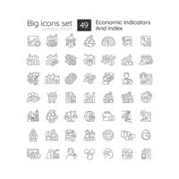 Economic indicators and index linear icons set. Prediction of business development. Analytics processes. Customizable thin line symbols. Isolated vector outline illustrations. Editable stroke
