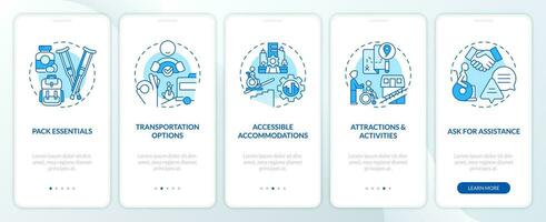 Accessible travel tips blue onboarding mobile app screen. Road trip walkthrough 5 steps editable graphic instructions with linear concepts. UI, UX, GUI template vector