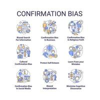 Confirmation bias concept icons set. Decision making. Barrier to critical thinking idea thin line color illustrations. Isolated symbols. Editable stroke vector