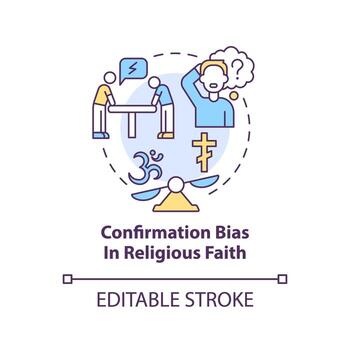 Confirmation bias in religious faith concept icon. Example of cognitive prejudice abstract idea thin line illustration. Isolated outline drawing. Editable stroke vector