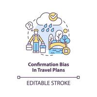 Confirmation bias in travel plans concept icon. Common cognitive prejudice abstract idea thin line illustration. Isolated outline drawing. Editable stroke vector