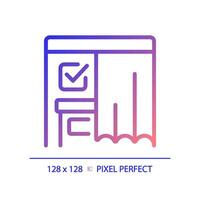 2d píxel Perfecto degradado icono de votación cabina con cortina y marca de verificación firmar, aislado vector ilustración, elección signo.