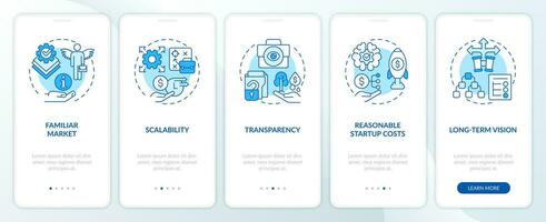 Startup traits blue onboarding mobile app screen. Attract investors walkthrough 5 steps editable graphic instructions with linear concepts. UI, UX, GUI template vector