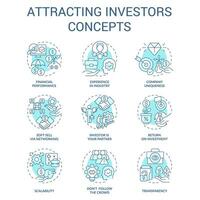 Attracting investors concept turquoise icons set. Involve funding. Startup traits idea thin line color illustrations. Isolated symbols. Editable stroke vector