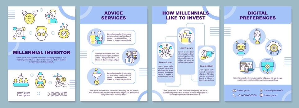 Millennial investors violet brochure template. Emerging market. Leaflet design with linear icons. Editable 4 vector layouts for presentation, annual reports