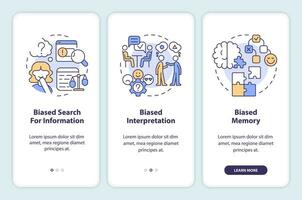 Types of confirmation bias onboarding mobile app screen. Walkthrough 3 steps editable graphic instructions with linear concepts. UI, UX, GUI template vector