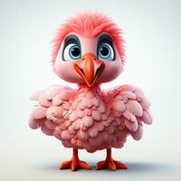 3d cartoon cute pink flamingo bird white background photo