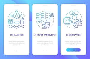 Picking release management tools blue gradient onboarding mobile app screen. Walkthrough 3 steps graphic instructions with linear concepts. UI, UX, GUI template vector