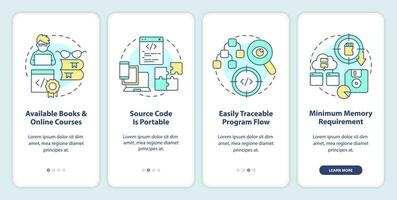 Procedural programming advantages onboarding mobile app screen. Walkthrough 4 steps editable graphic instructions with linear concepts. UI, UX, GUI template vector