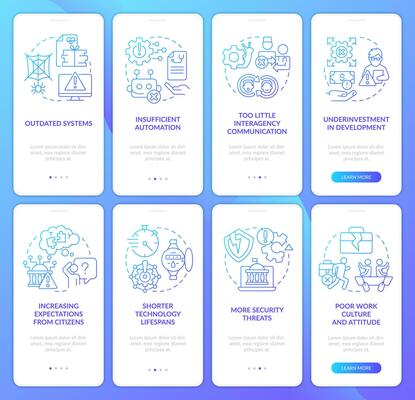 Public sector issues blue gradient onboarding mobile app screen set. Walkthrough 4 steps graphic instructions with linear concepts. UI, UX, GUI template
