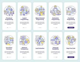 Programming language paradigms onboarding mobile app screen set. Walkthrough 5 steps editable graphic instructions with linear concepts. UI, UX, GUI template vector