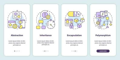 Object-oriented programming principles onboarding mobile app screen. Walkthrough 4 steps editable graphic instructions with linear concepts. UI, UX, GUI template vector