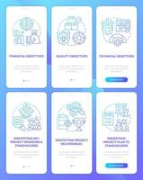 Project management processes blue gradient onboarding mobile app screens set. Walkthrough 3 steps graphic instructions with linear concepts. UI, UX, GUI template vector