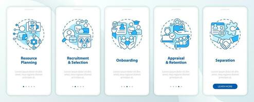 IT staffing process blue onboarding mobile app screen. Recruitment walkthrough 5 steps editable graphic instructions with linear concepts. UI, UX, GUI template vector