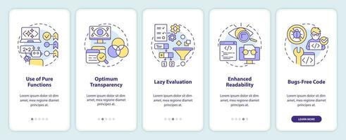Functional programming benefits onboarding mobile app screen. Walkthrough 5 steps editable graphic instructions with linear concepts. UI, UX, GUI template vector