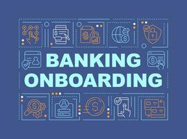 Banking onboarding word concepts dark blue banner. Financial services. Infographics with editable icons on color background. Isolated typography. Vector illustration with text